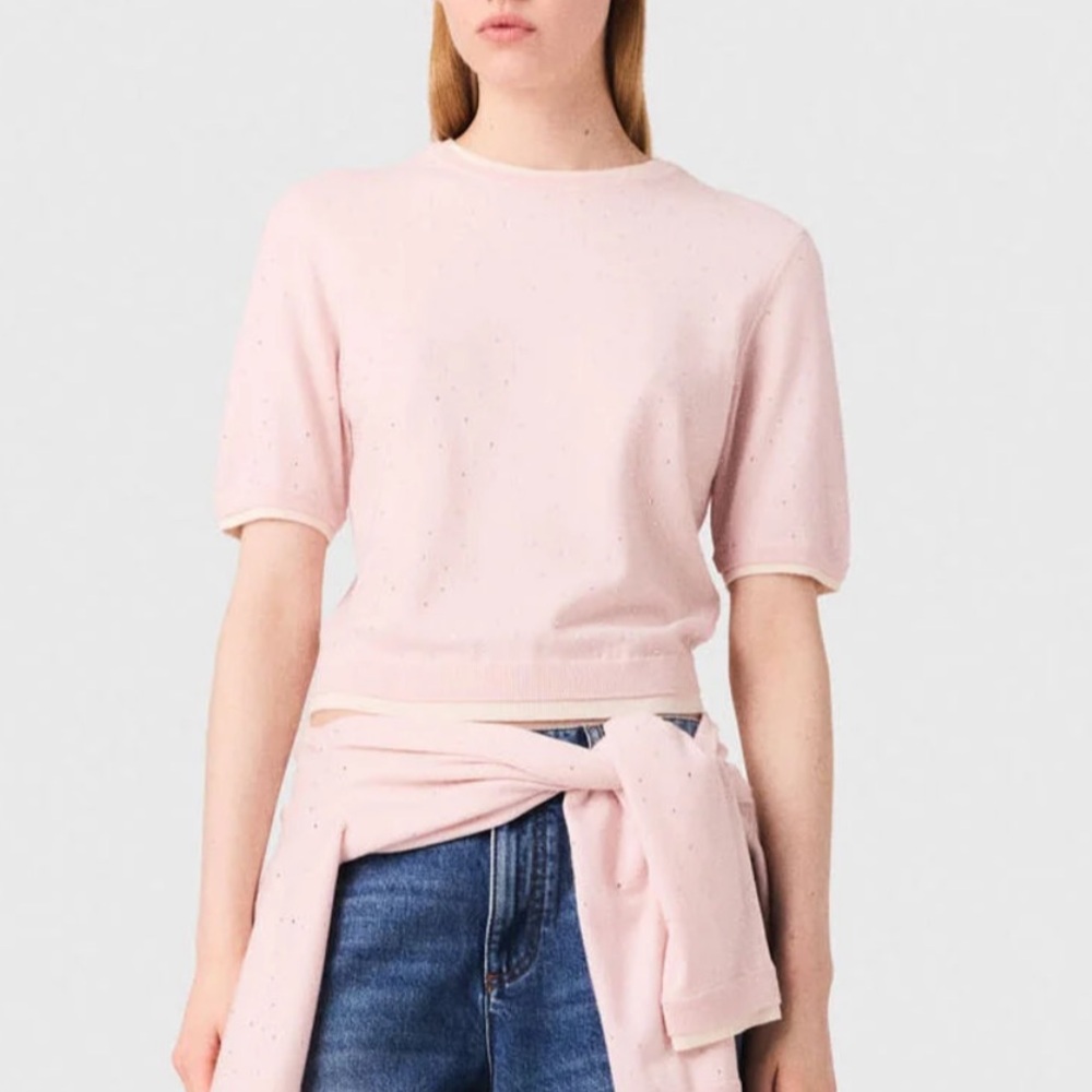 Maje NWT Pink Embellished Short Sleeve Sweater